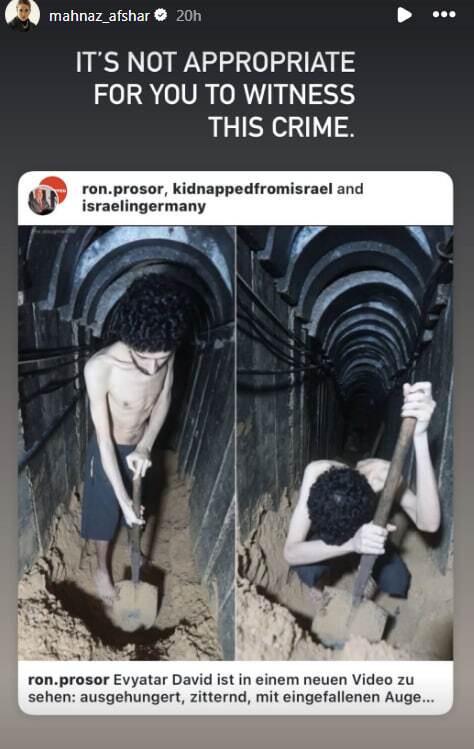 مهناز افشار نگران سرباز اسرائیلی شد؛ از باز نشر پست هولوکاستی سفیر رژیم صهیونیستی در آلمان تا خیانت به انسانیت! مهناز افشار نگران سرباز اسرائیلی شد؛ از باز نشر پست هولوکاستی سفیر رژیم صهیونیستی در آلمان تا خیانت به انسانیت!