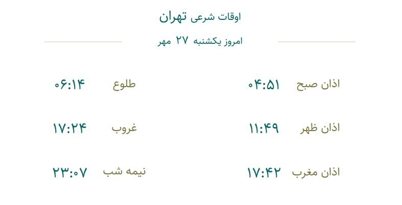 اوقات شرعی امروز / هنگام نماز ظهر، غروب آفتاب، اذان مغرب و نیمه شب شرعی